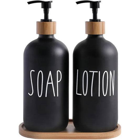 Elegant Glass Soap and Lotion Dispenser Set with Bamboo Tray - Gomix Brands Outlet