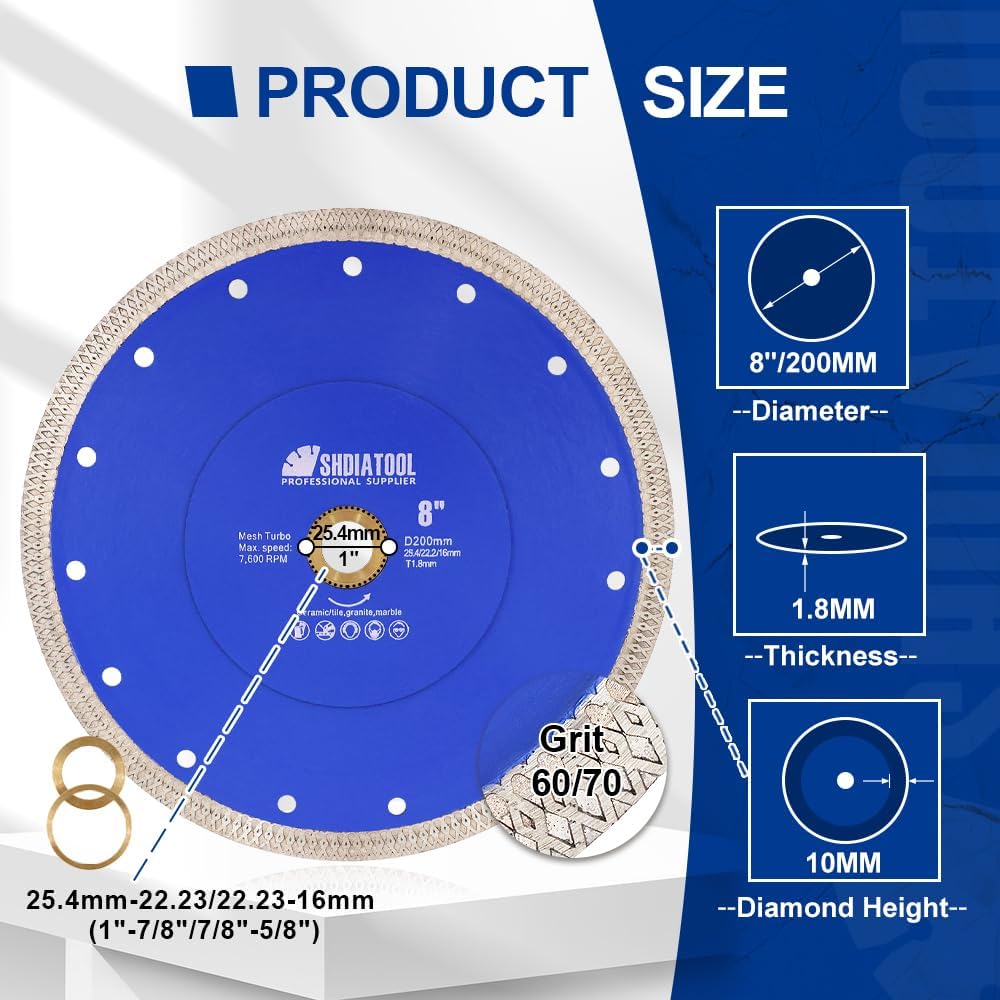 SHDIATOOL Premium 8-Inch Diamond Turbo Mesh X-Rim Ceramic Tile Cutting Blade