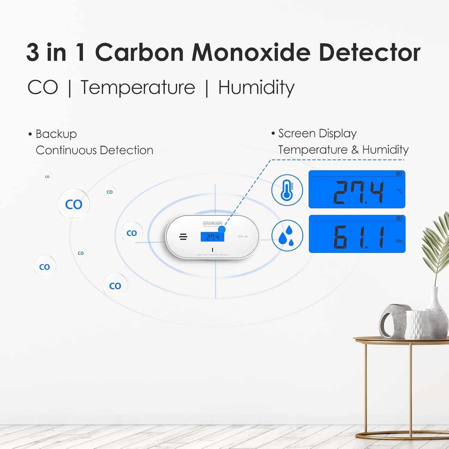 Digital Carbon Monoxide Detector: 10-Year Battery, LCD Display, Temp & Humidity