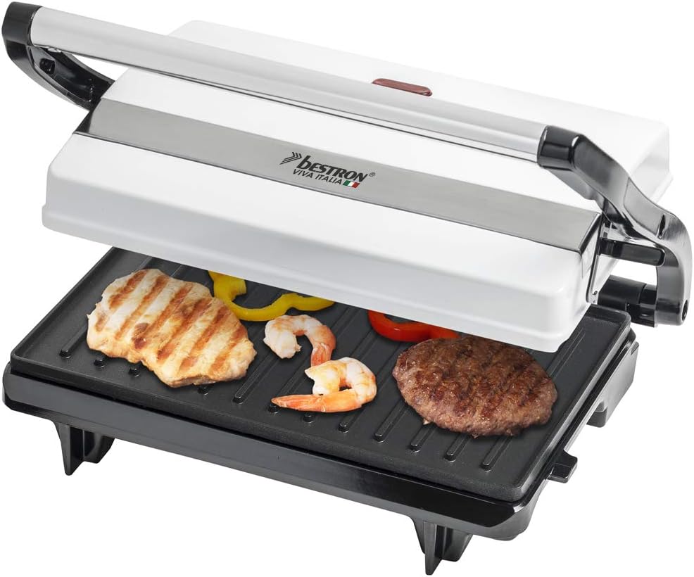 Bestron Contact Grill with Crumb Tray, 700W Panini & Sandwich Maker - White