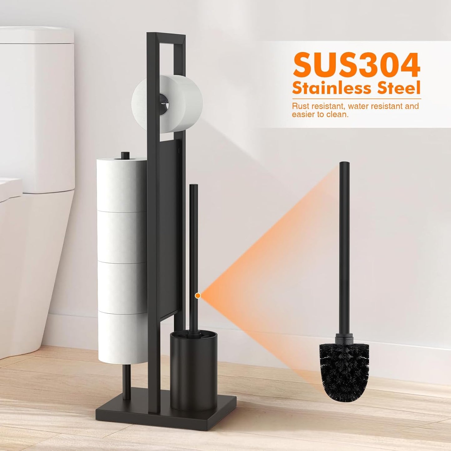 Ibergrif Black Freestanding Toilet Roll Holder with Brush Set