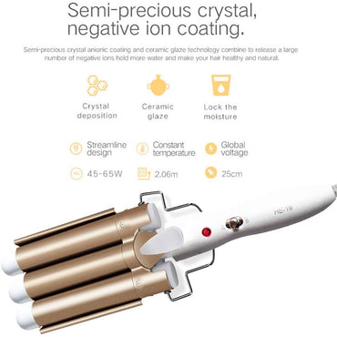 Crebeau 3-Barrel Gold Hair Curler with Adjustable 210°F Temperature