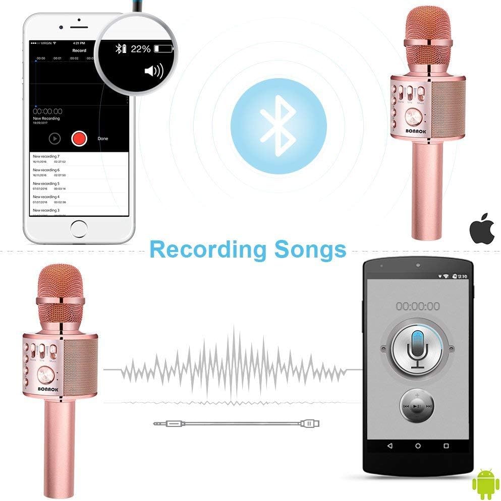 BONAOK Rose Gold Bluetooth Karaoke Microphone 3-in-1 Portable Speaker