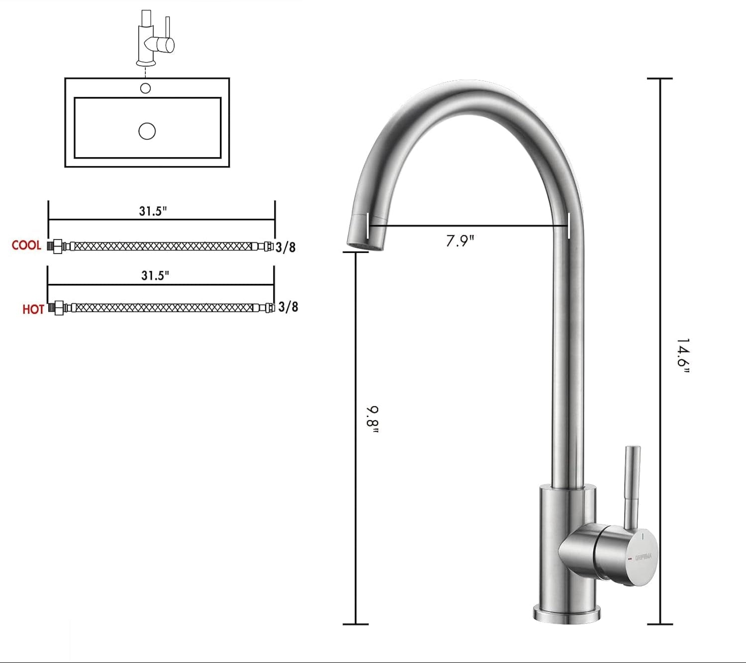 GRIFEMA High-Arc Stainless Kitchen Faucet with 360° Sprayer