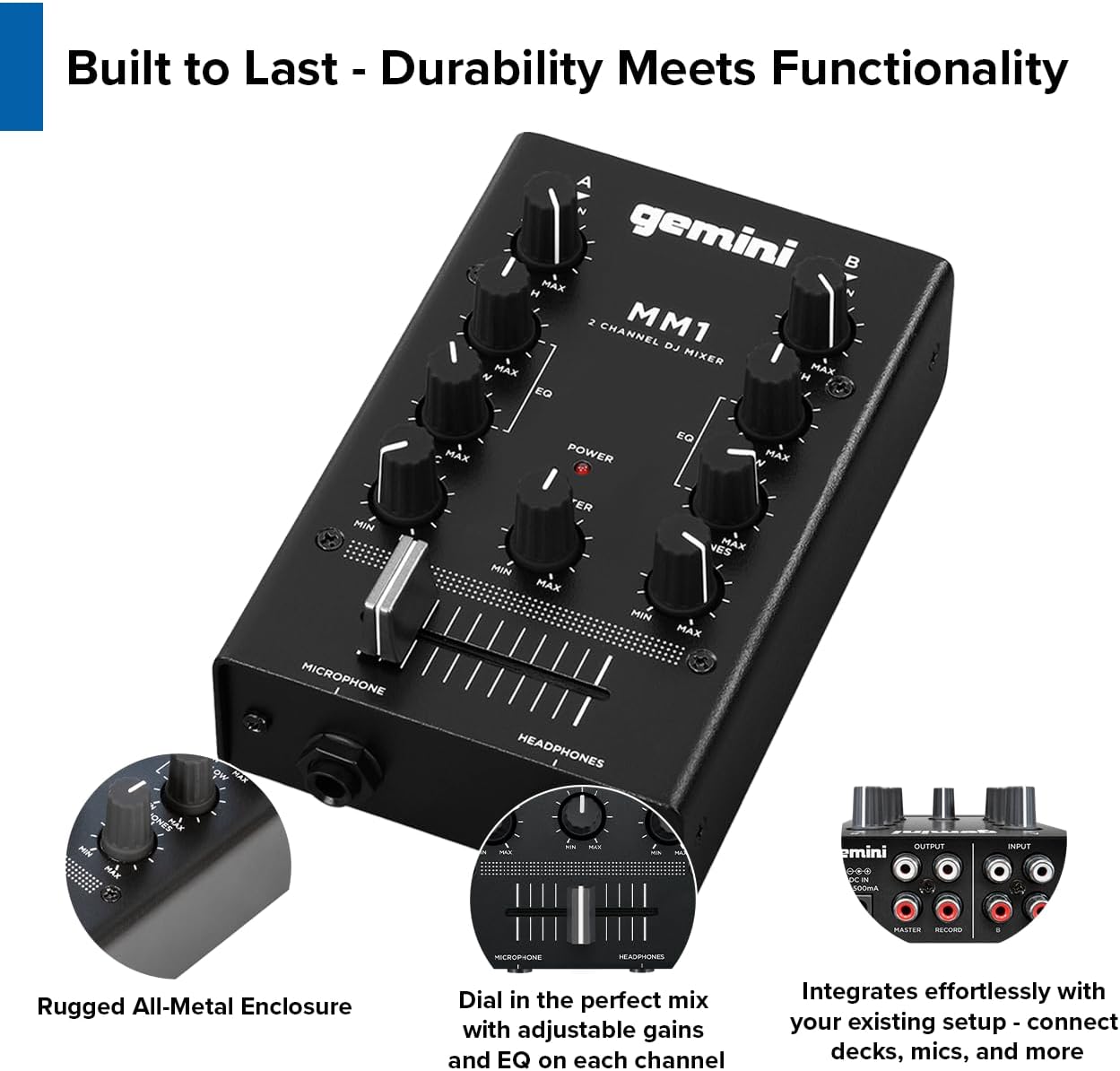 Gemini MM1 Portable 2‑Channel DJ Mixer with Pro Crossfader