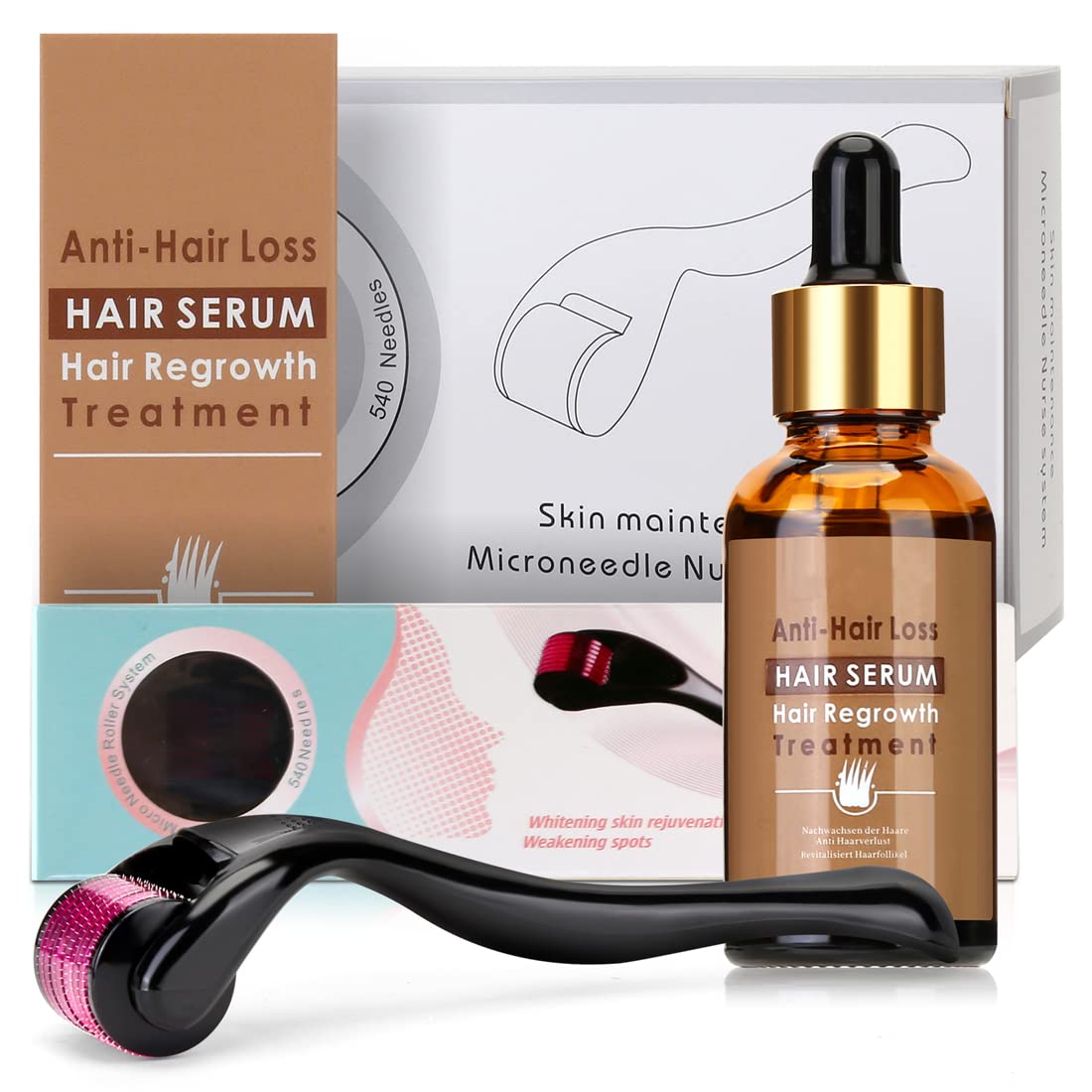 Beayosses Dermaroller Set 0.5 mm Microneedling Skin Roller with Hair Growth Serum Anti Hair Loss
