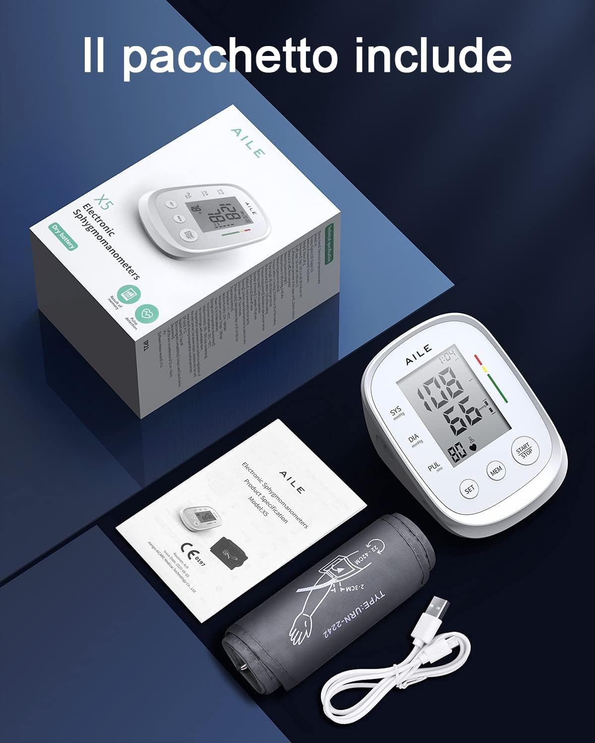 AILE Arm Pressure Gauge Large Arm Blood Pressure Monitor 8.7-16.5 Inches 2 x 99 Readings White