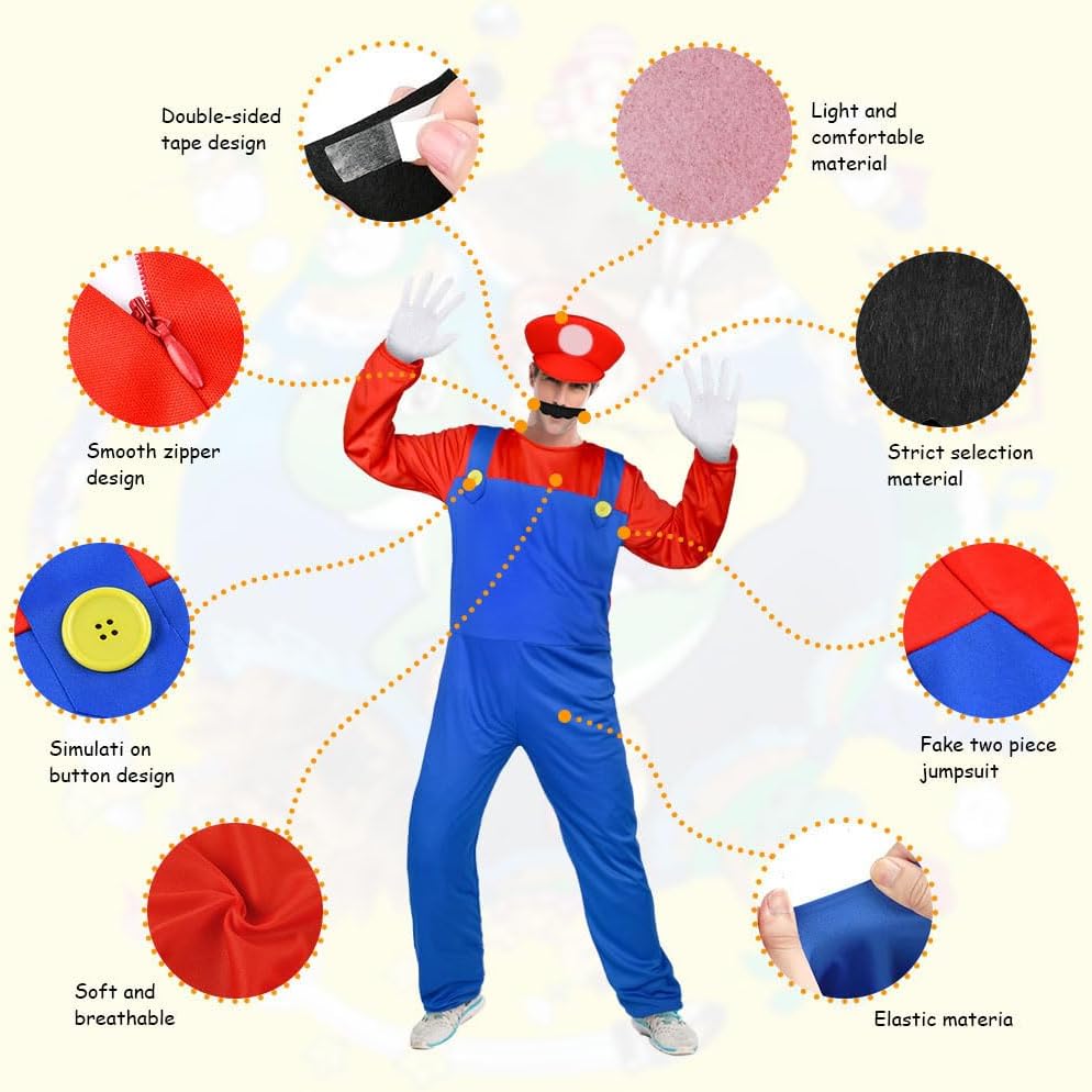 Aomig Mario & Luigi Cosplay Costume with Hat, Mustache, Gloves
