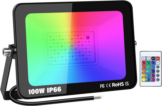 PICAA Outdoor Security LED Floodlight 100W RGB Color Changing with Remote Control IP66 Waterproof Dimmable Wall Light