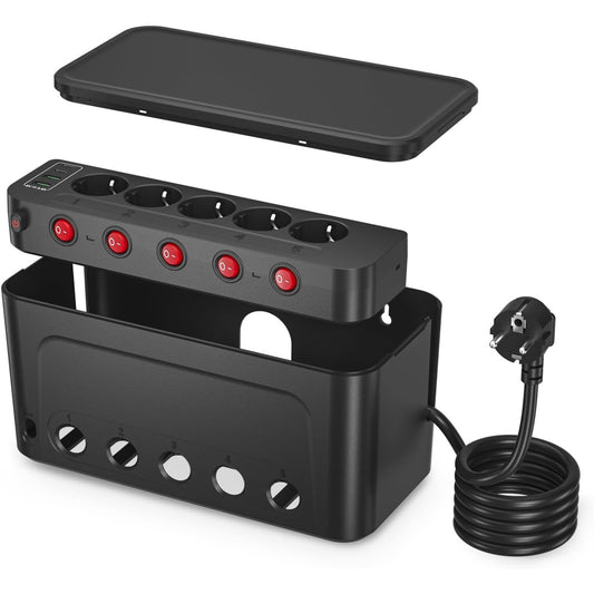 HoniHom Black Cable Box with 5 Switchable Outlets & USB