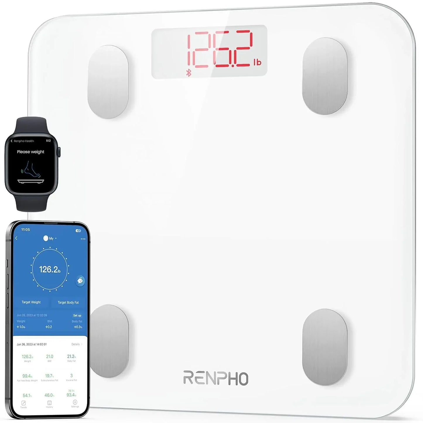 RENPHO Bluetooth Body Fat Scale, 13 Metrics, 180kg Capacity, White - Gomix Brands Outlet