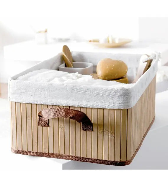 Compactor Bamboo Cosmetic Storage Basket: 6x14x10 Inch Organizer with Liner