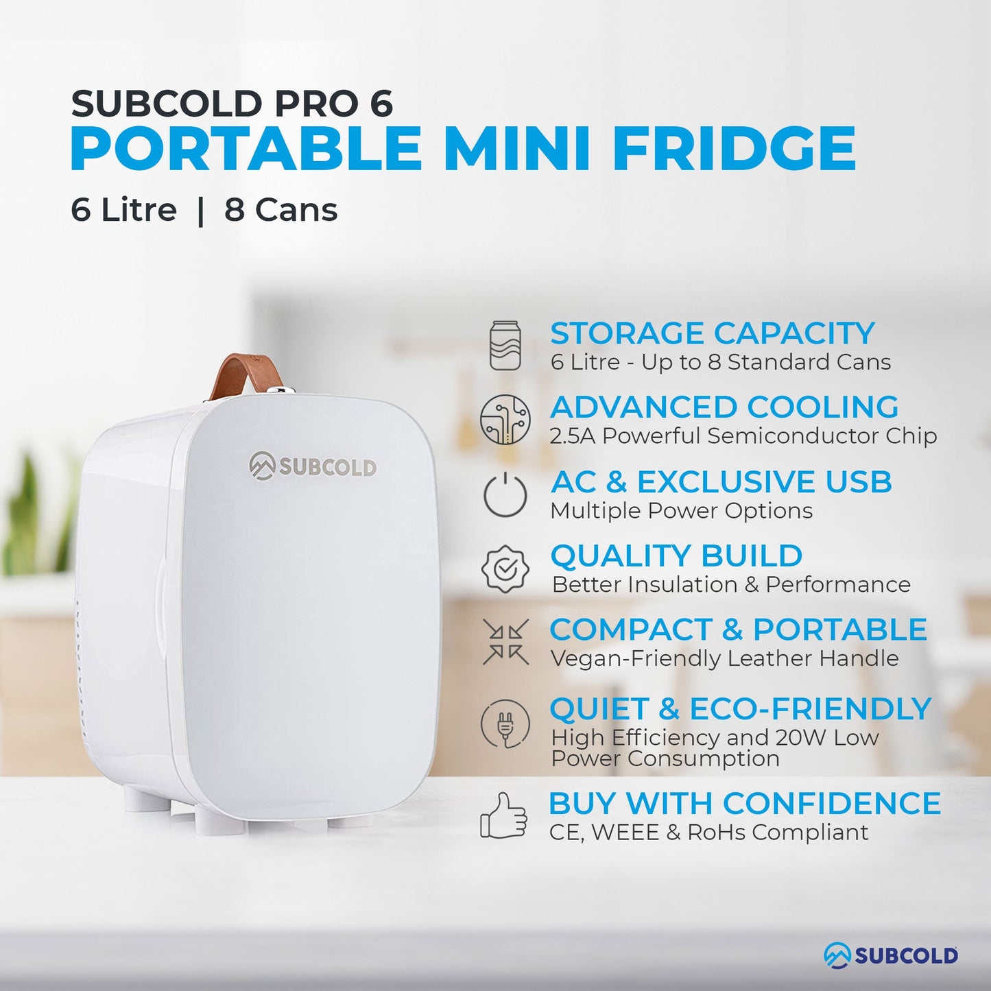 Subcold Pro6 6L Mini Fridge – Portable White Cooler with USB Power