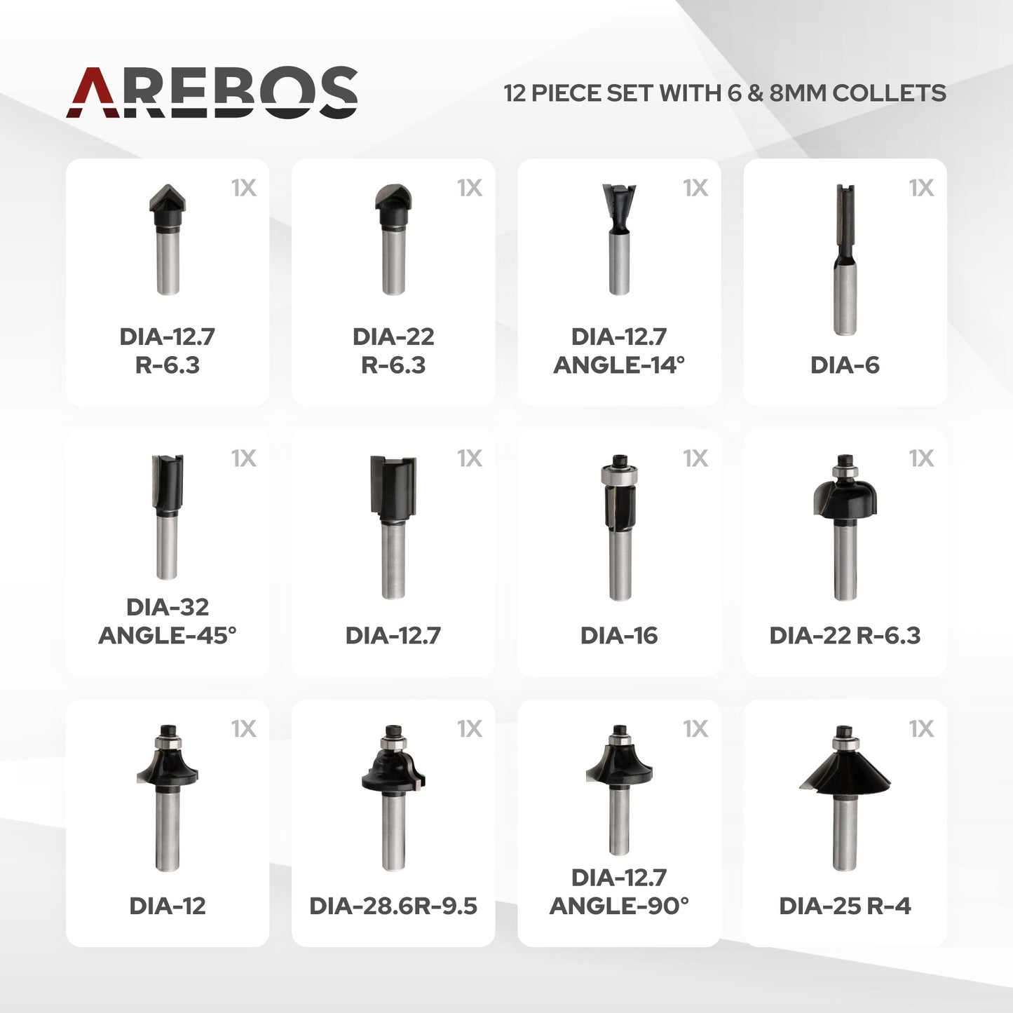AREBOS 1200W Electric Router with 12 Cutters and Carrying Case