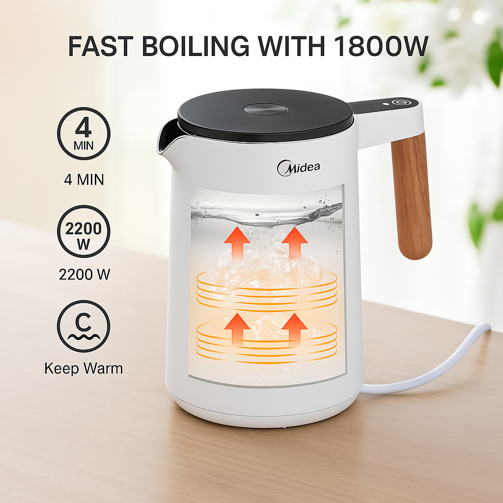 Midea White 1.5L Stainless Steel Kettle: Precise Temperature, Fast Boil, BPA-Free