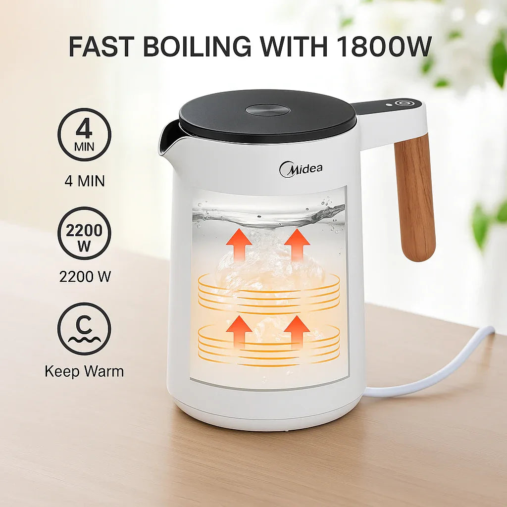 Midea White 1.5L Stainless Steel Kettle: Precise Temperature, Fast Boil, BPA-Free - Gomix Brands Outlet