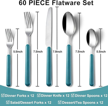 BEWOS 60 Piece Cutlery Set for 12 People, Blue Handles, Machine-Dishwasher Safe