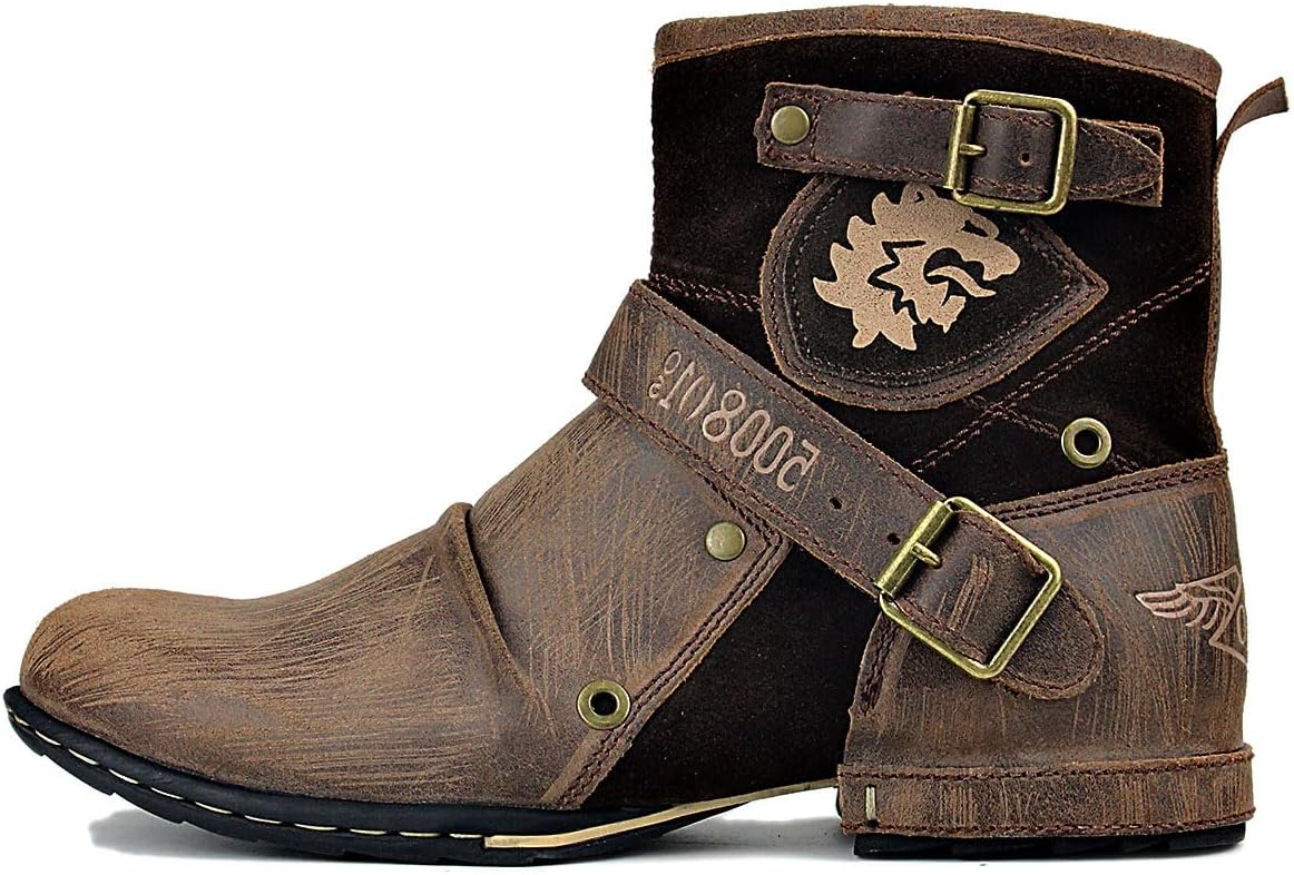 OSSTONE Men's Moto Leather Boots with Side Zipper