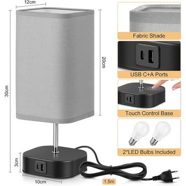 Bedside Lamps Set of 2 – Touch‑Control, USB‑C/A Charging, 3‑Way Dimmable Table Lamps with Grey Fabric Shade
