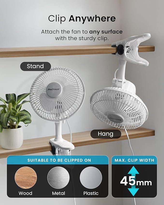 Pro Breeze Mini Fan with Clip, Very Quiet, 20 cm Diameter, 2 Speed Settings, Ideal as Table Fan