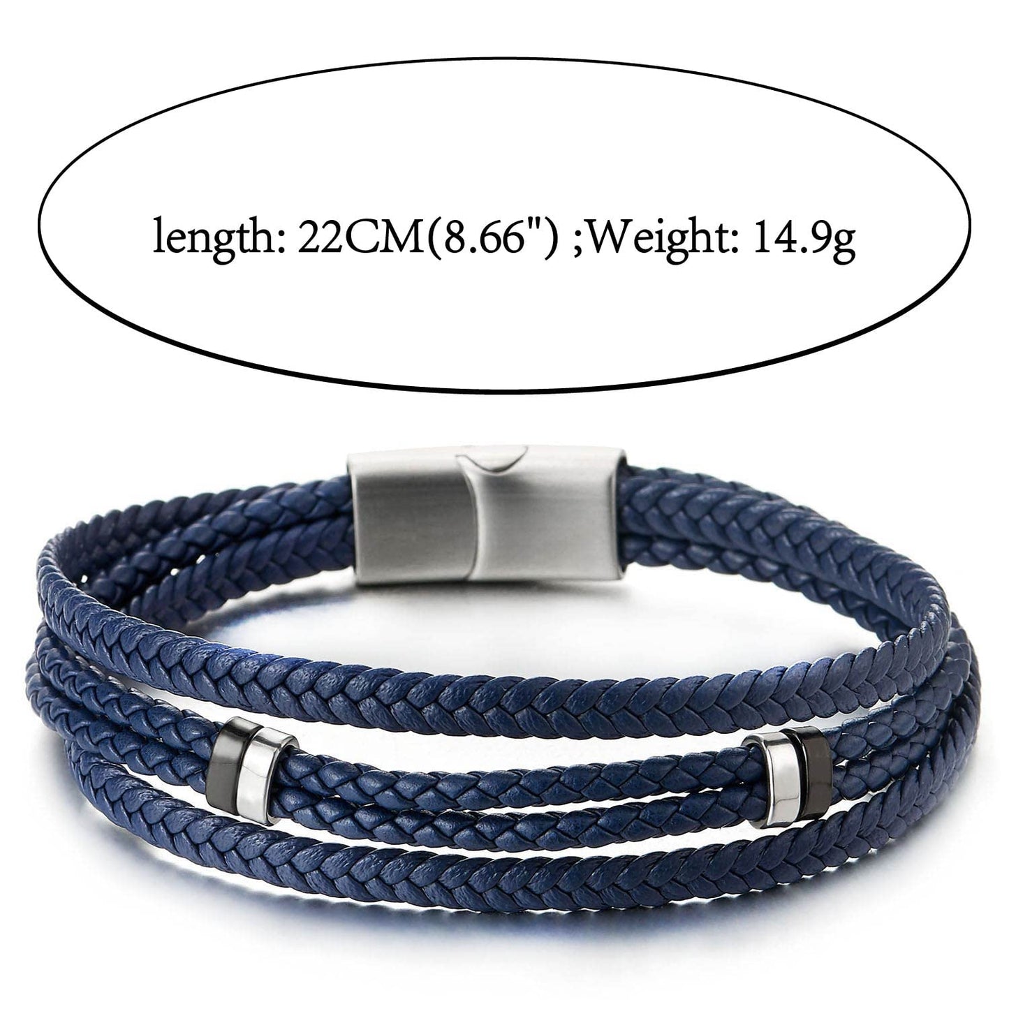 Navy Blue Braided Leather Bracelet with Magnetic Stainless Steel Clasp