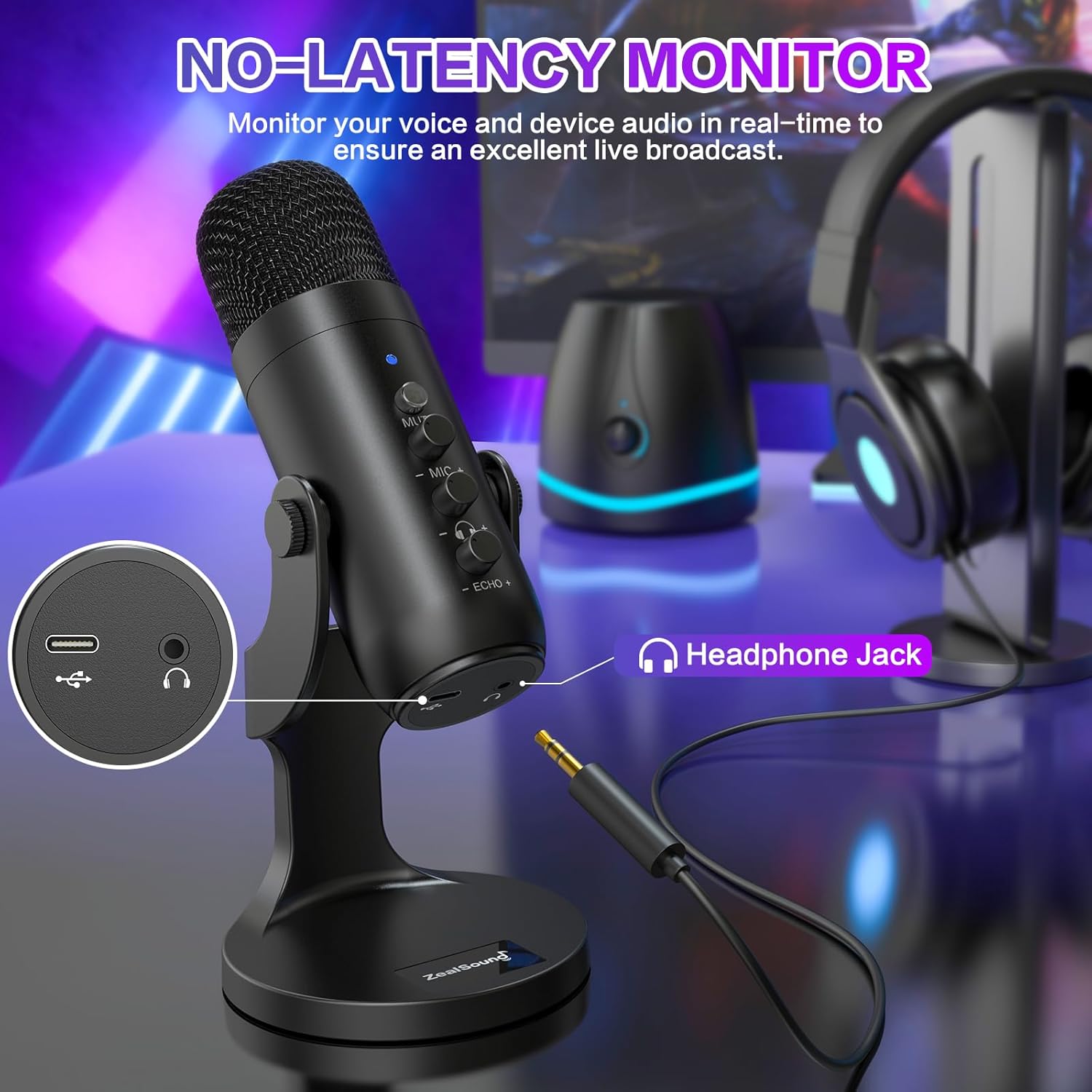 ZealSound K66 USB Condenser Microphone with Adjustable Gain, 360° Rotatable