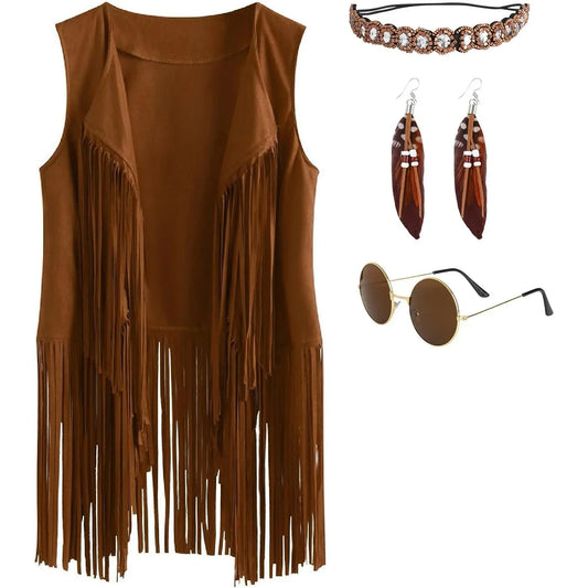 Women's Hippie Fringe Vest Costume 60s-70s Disco Outfit with Accessories - Gomix Brands Outlet