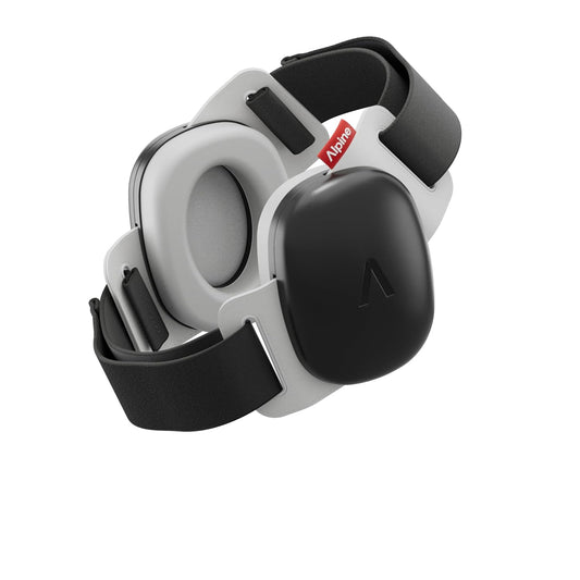 A pair of over-ear hearing protection earmuffs with a gray and black design, featuring a red 'Mophie' brand tag. Four smaller color variant thumbnails are shown along the bottom on a white background.