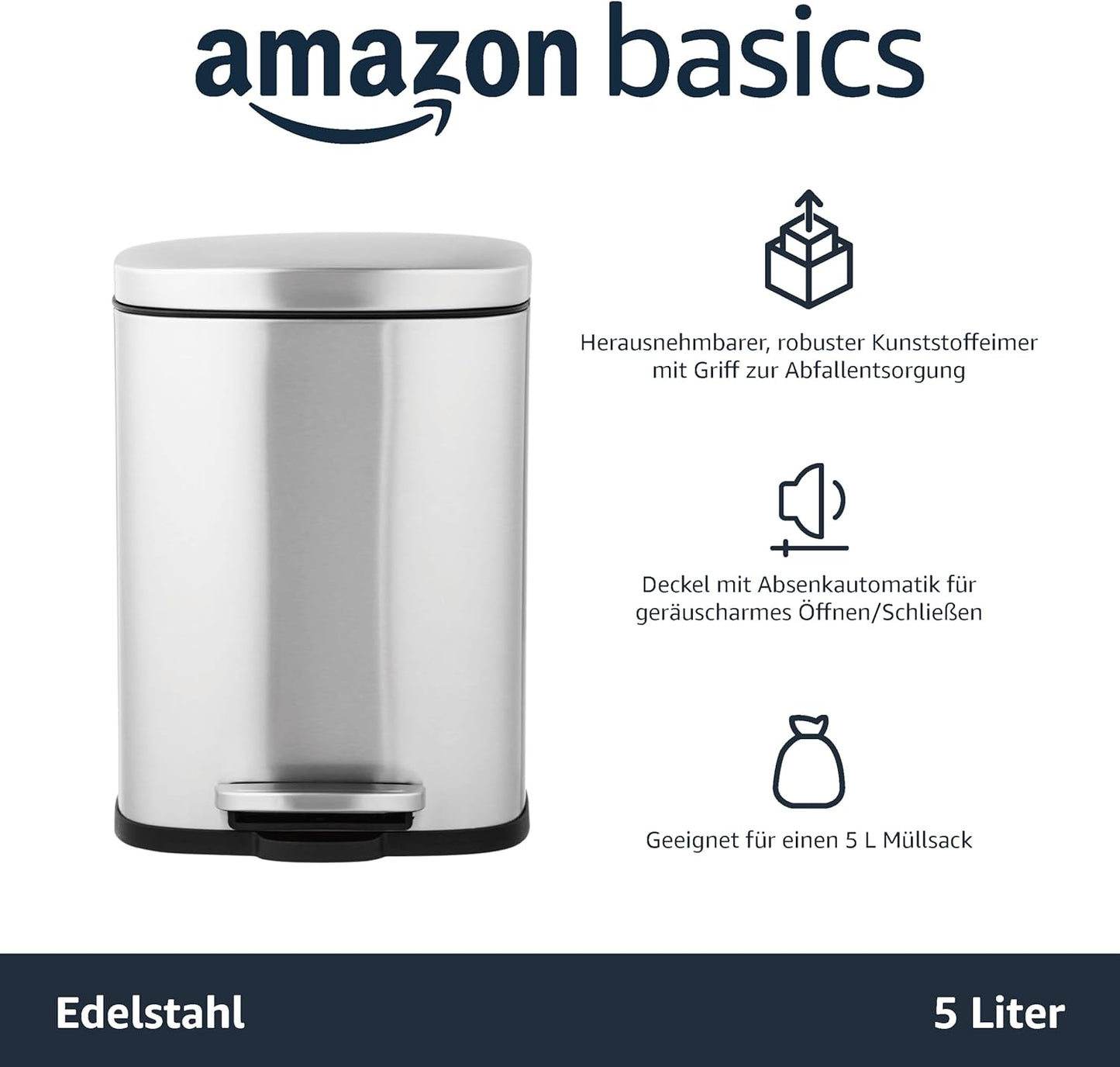 Amazon Basics 5L Soft-Close Kitchen Waste Bin with Pedal