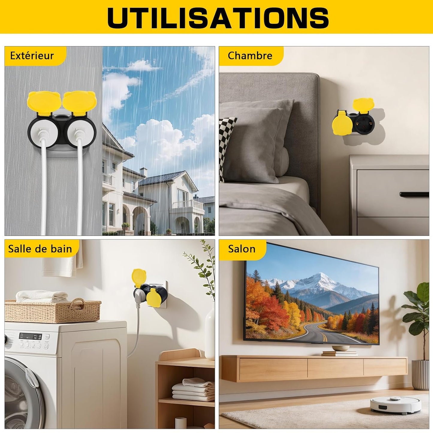 Adamyee Double Socket Adapter IP44 Waterproof 16A 250V 3680W Outdoor Indoor Schuko Plug Compact