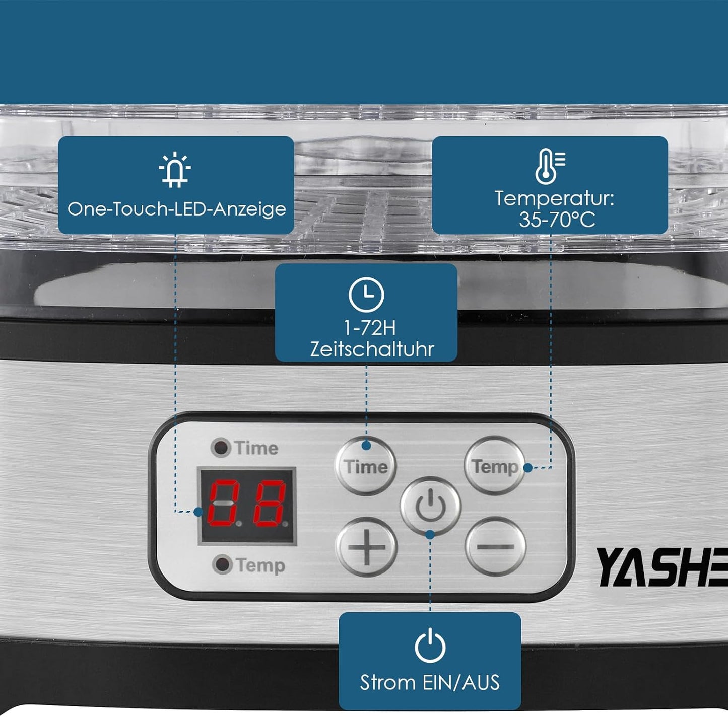 YASHE GGJ-261B 5‑Tray Food Dehydrator with LED Display, 35‑70°C Temperature Range, 72‑Hour Timer