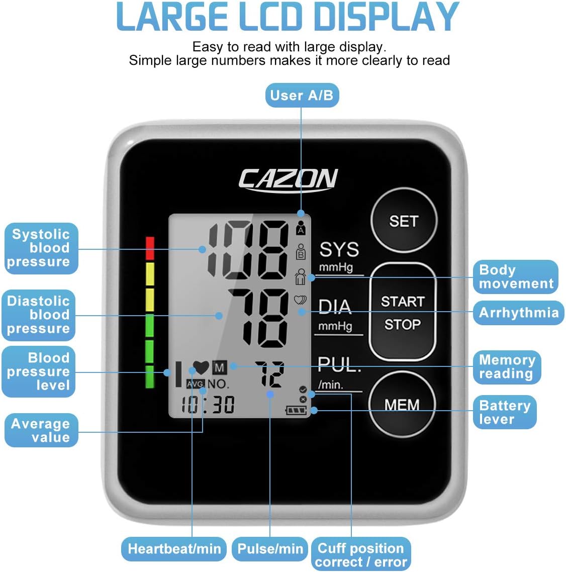 CAZON Digital Upper Arm Blood Pressure Monitor with Large Cuff