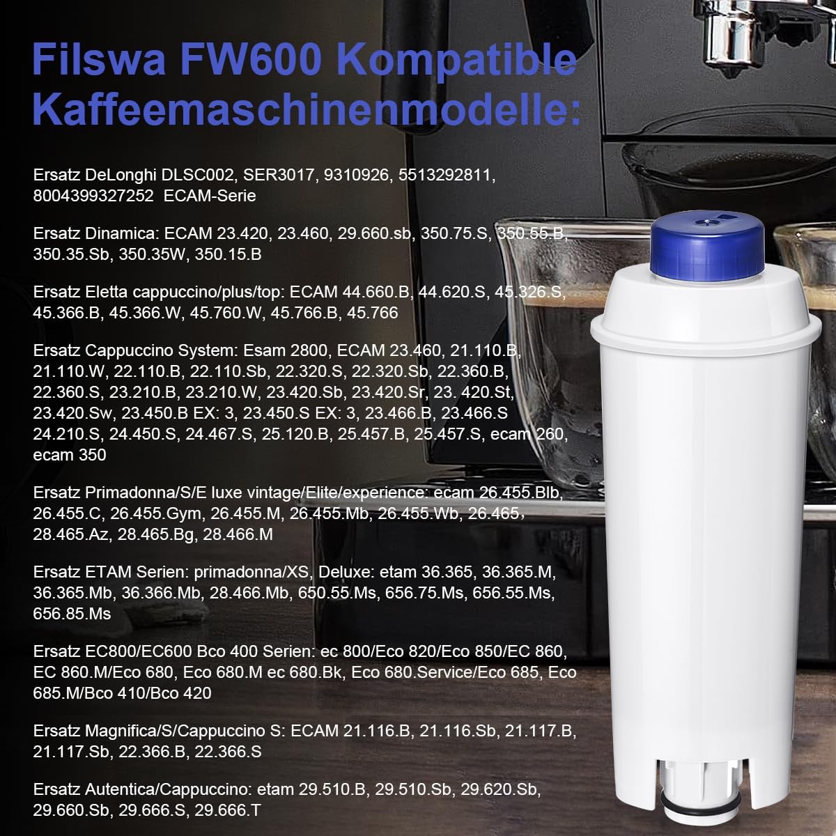 FILSWA DeLonghi Water Filter Replacement – 6 Pack Compatible with ECAM, Magnifica, Prima Donna