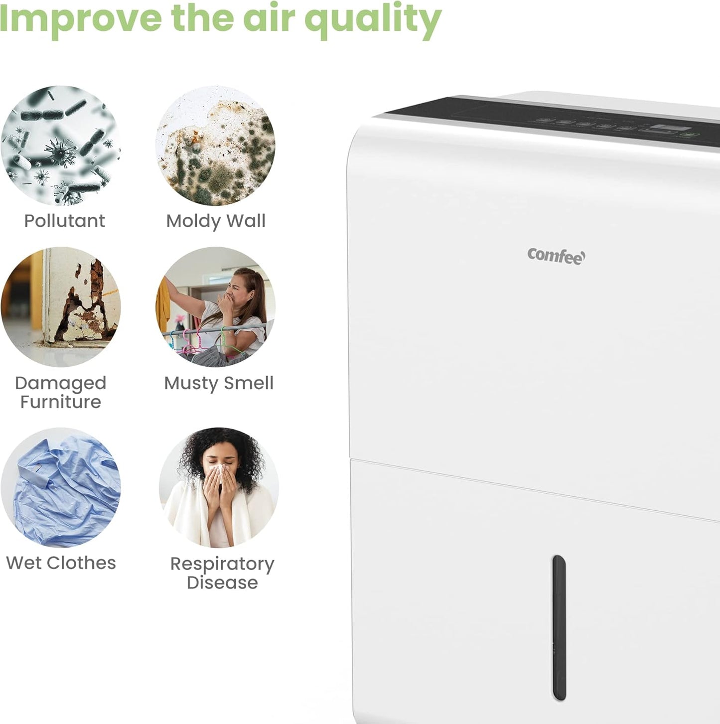 Comfee 30 Pint Dehumidifier for Large Rooms, Smart Dehumidification, 24-Hour Timer