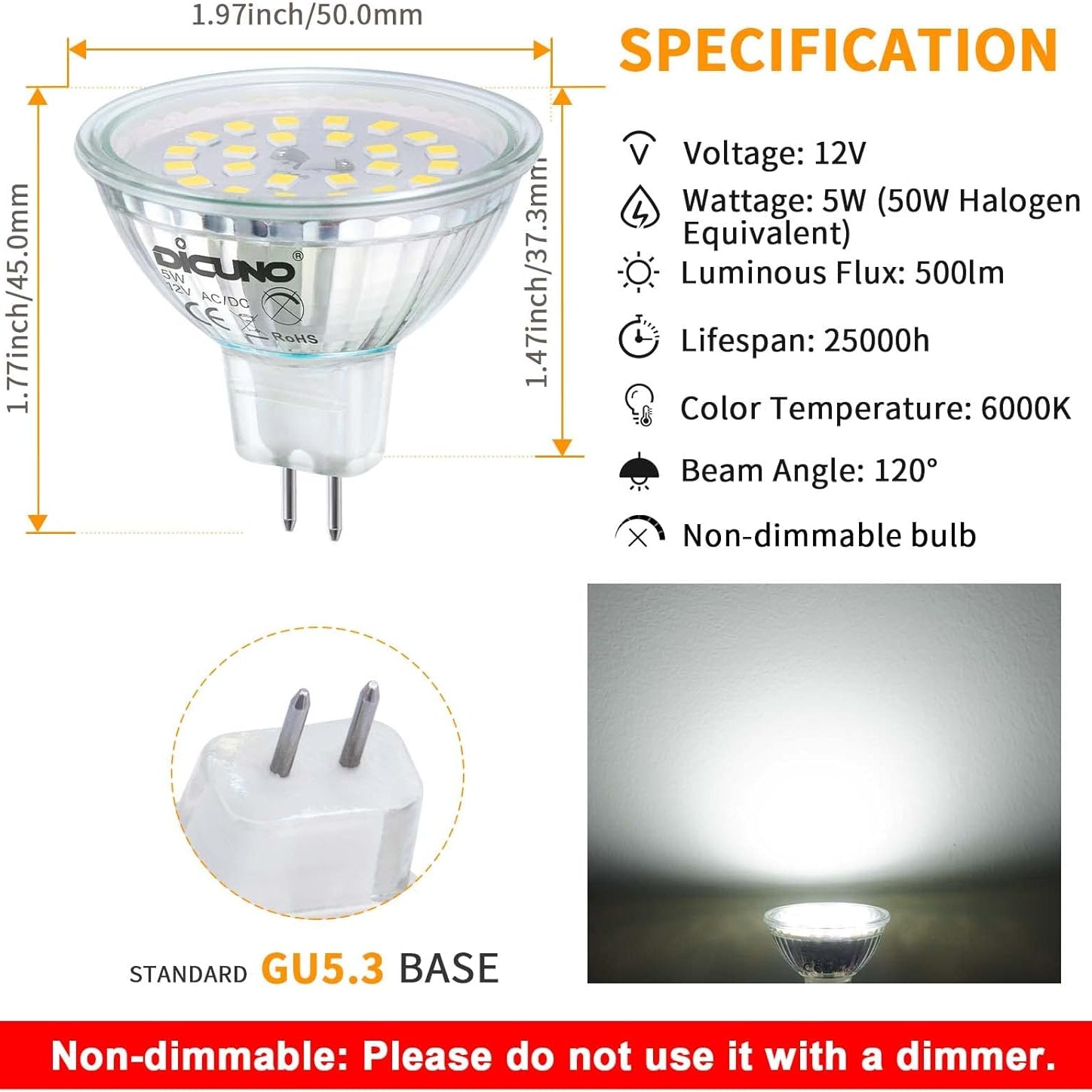 DiCUNO 5W MR16 LED Bulb 6000K Daylight White GU5.3 10-Pack