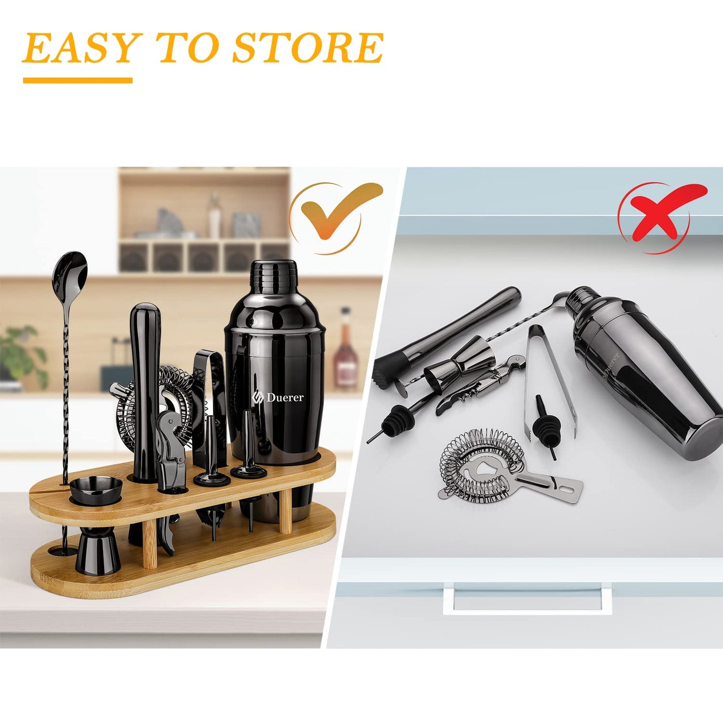 Premium Duerer 11-Piece Black Cocktail Bartender Kit with Bamboo Stand