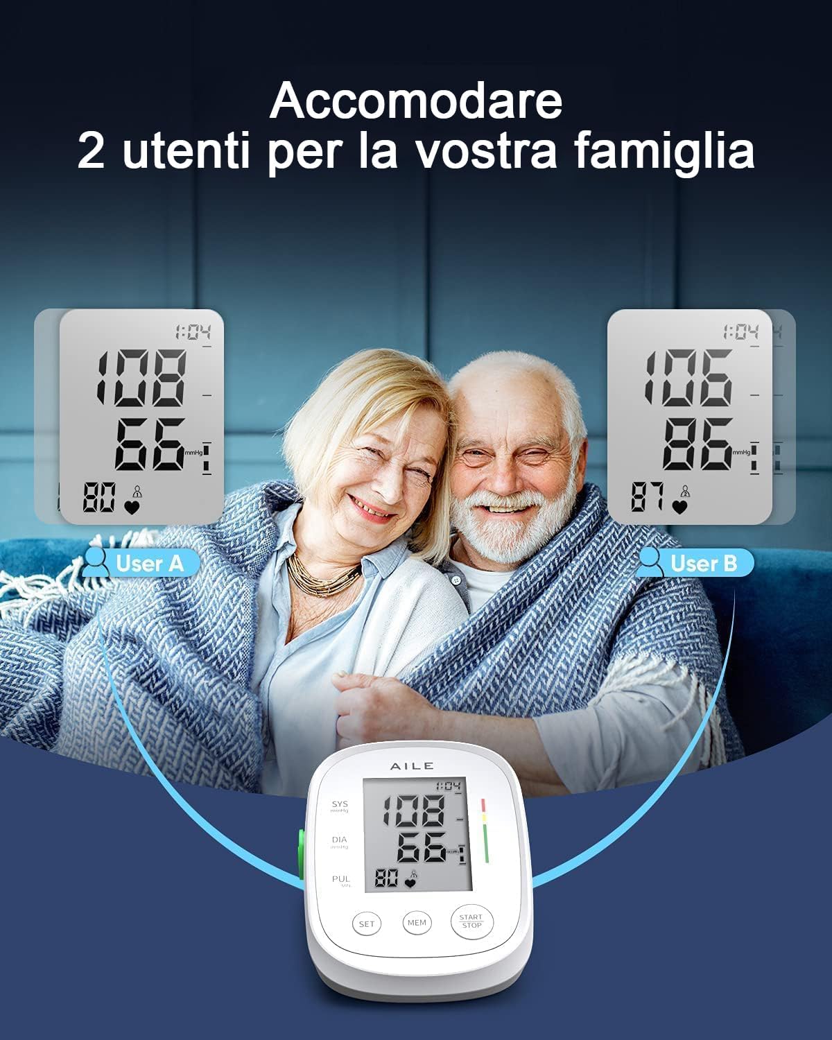 AILE Arm Pressure Gauge Large Arm Blood Pressure Monitor 8.7-16.5 Inches 2 x 99 Readings White