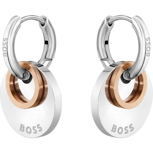 BOSS Women's Medallion Huggie Earrings in Stainless Steel