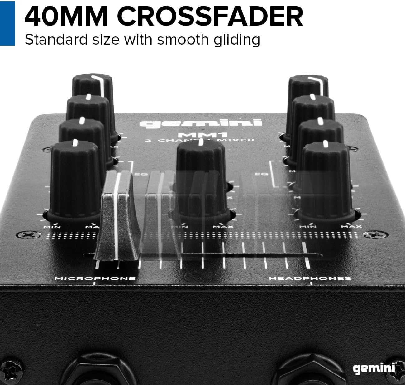 Gemini MM1 Portable 2‑Channel DJ Mixer with Pro Crossfader
