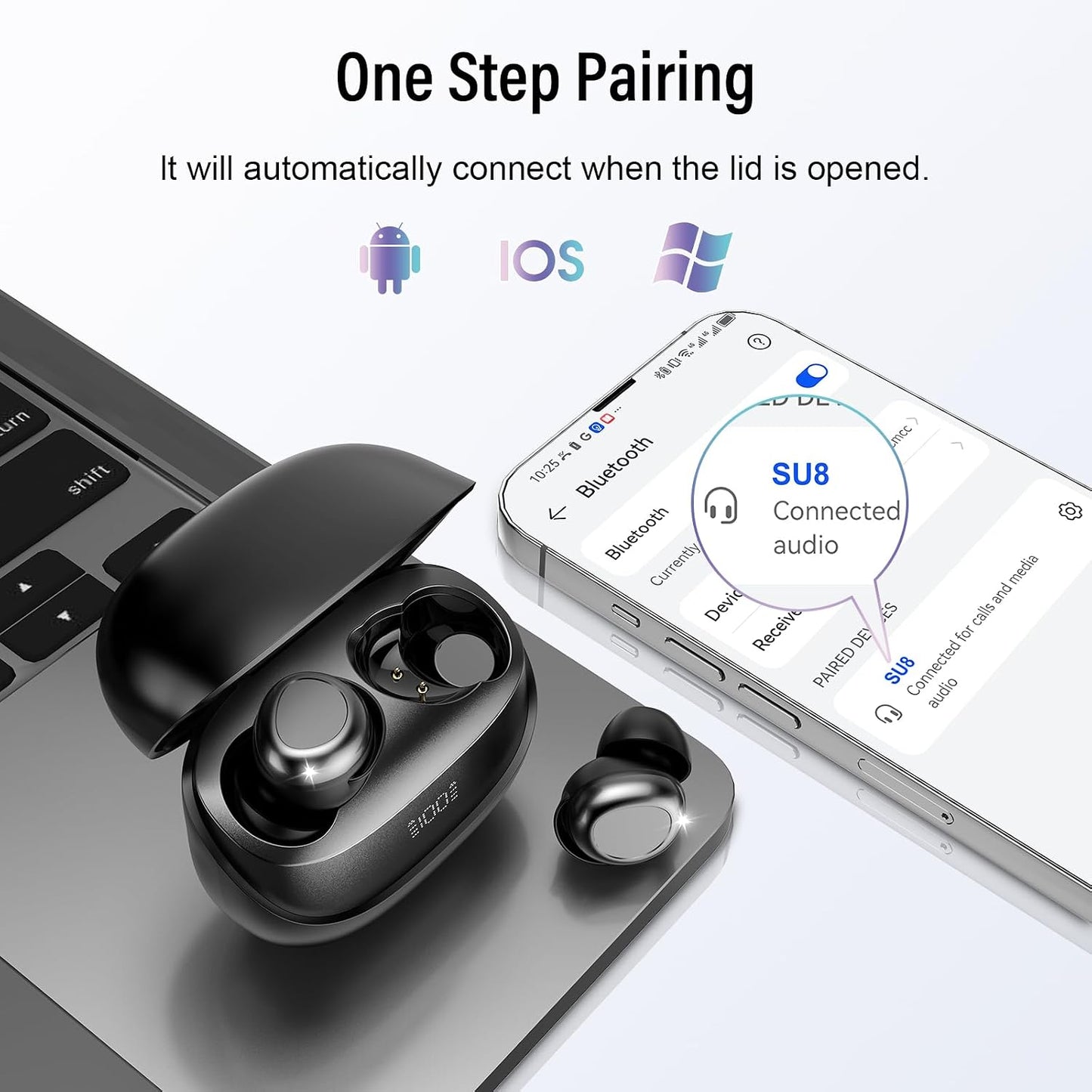 DUSONLAP SU8 Bluetooth 5.4 Wireless Earbuds 47H Playtime Noise Cancelling LED Display Touch Control IPX7 Waterproof USB-C Black