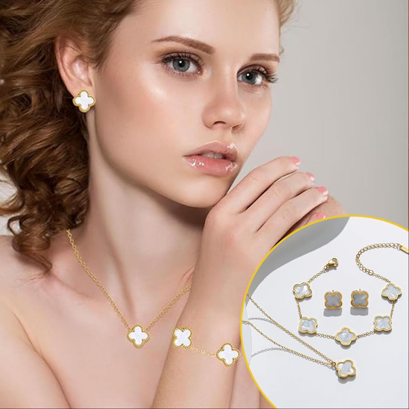 Lucky Four-Leaf Clover Bracelet Set: Elegant Gold-Plated Jewelry Gift for Her