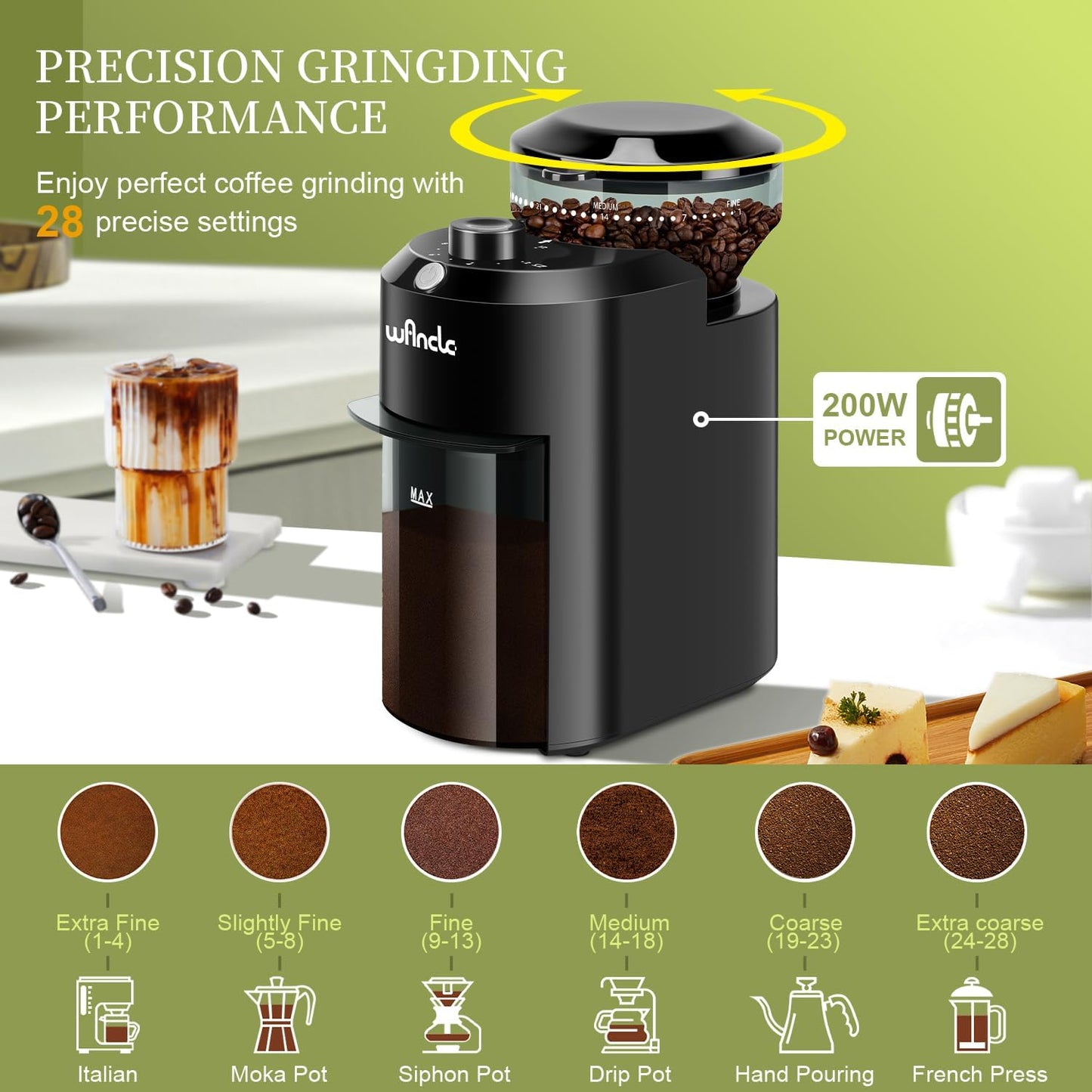 Wancle Electric Burr Coffee Grinder with 28 Precise Settings for 12 Cups - Black