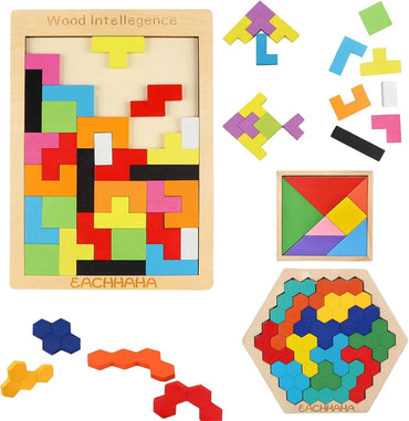 3-in-1 Wooden Tangram Puzzle Set, Bright Colors, 61 Pieces - Gomix Brands Outlet