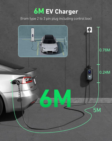 EVJUICION 6M Portable Type 2 to 3-Pin EV Charger Cable 3.1kW Fast Charging