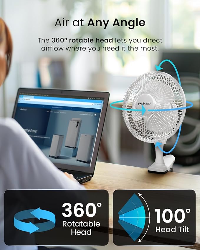 Pro Breeze Mini Fan with Clip, Very Quiet, 20 cm Diameter, 2 Speed Settings, Ideal as Table Fan