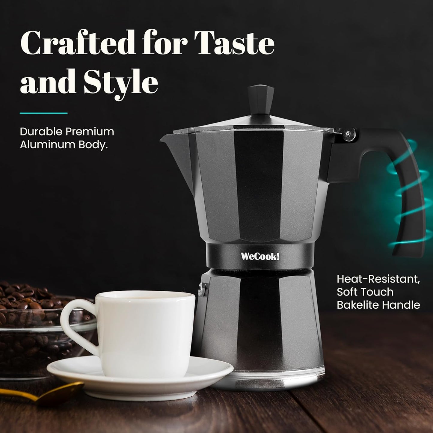 WECOOK! 6‑Cup Induction‑Ready Black Aluminum Moka Coffee Maker