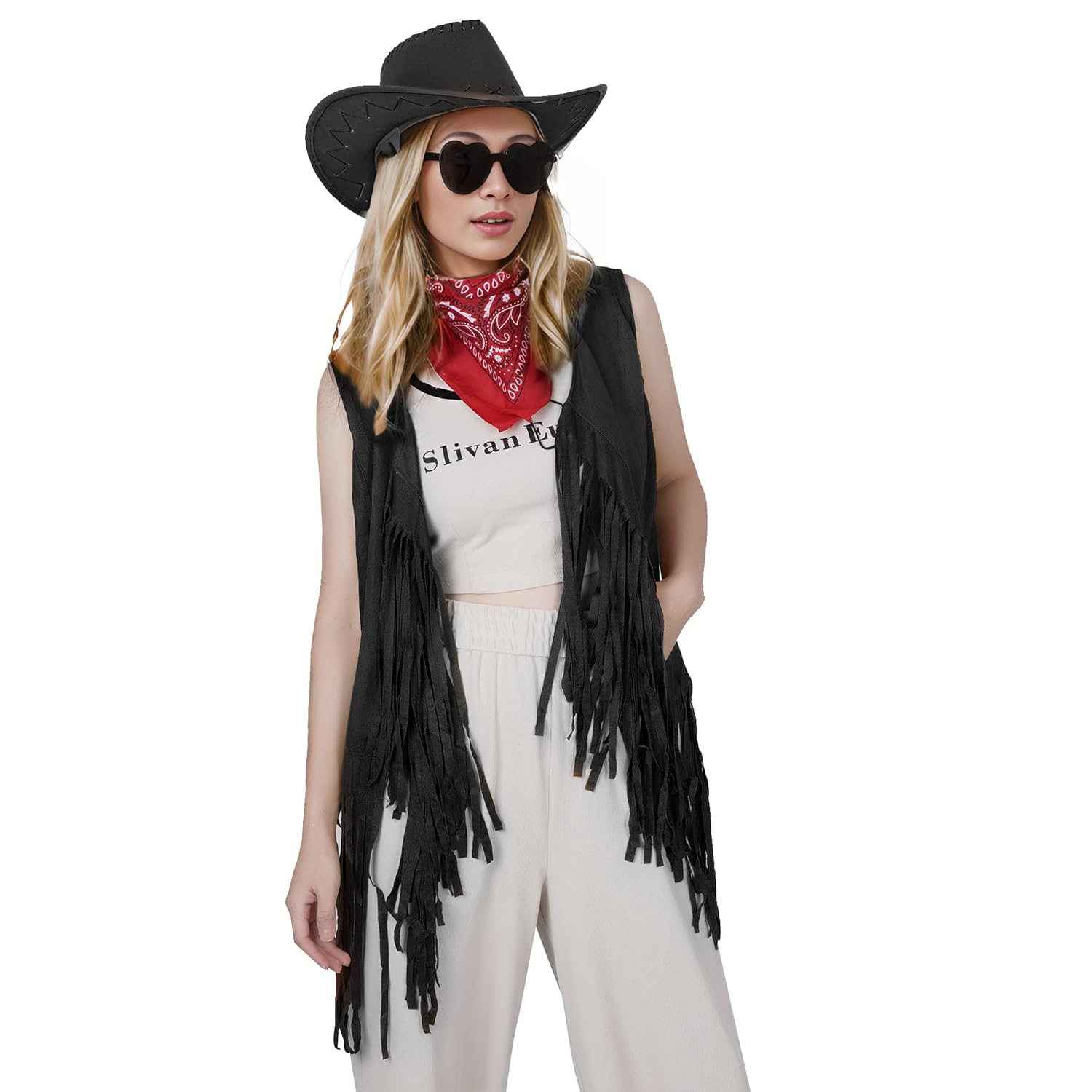 Western Cowgirl Costume Set with Fringe Vest, Hat, Sunglasses, Bandana