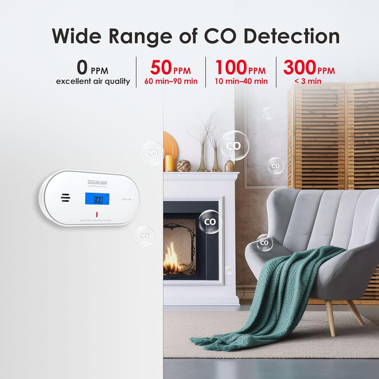 Digital Carbon Monoxide Detector: 10-Year Battery, LCD Display, Temp & Humidity