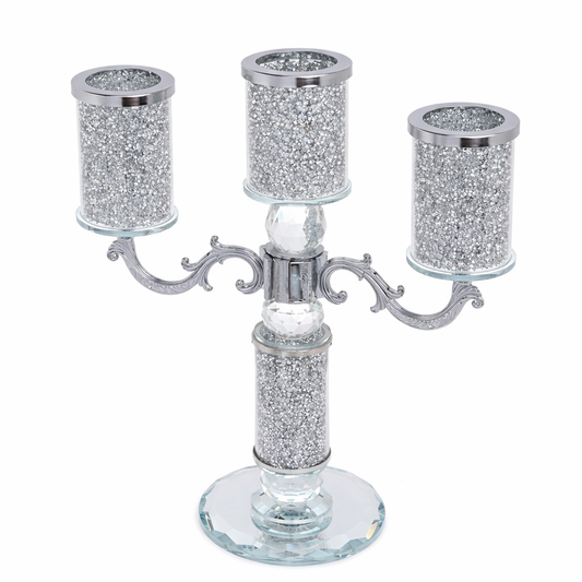 Elegant Crystal Candle Holder Candelabra, 2 Arms, Sparkle Crushed Diamond Filled