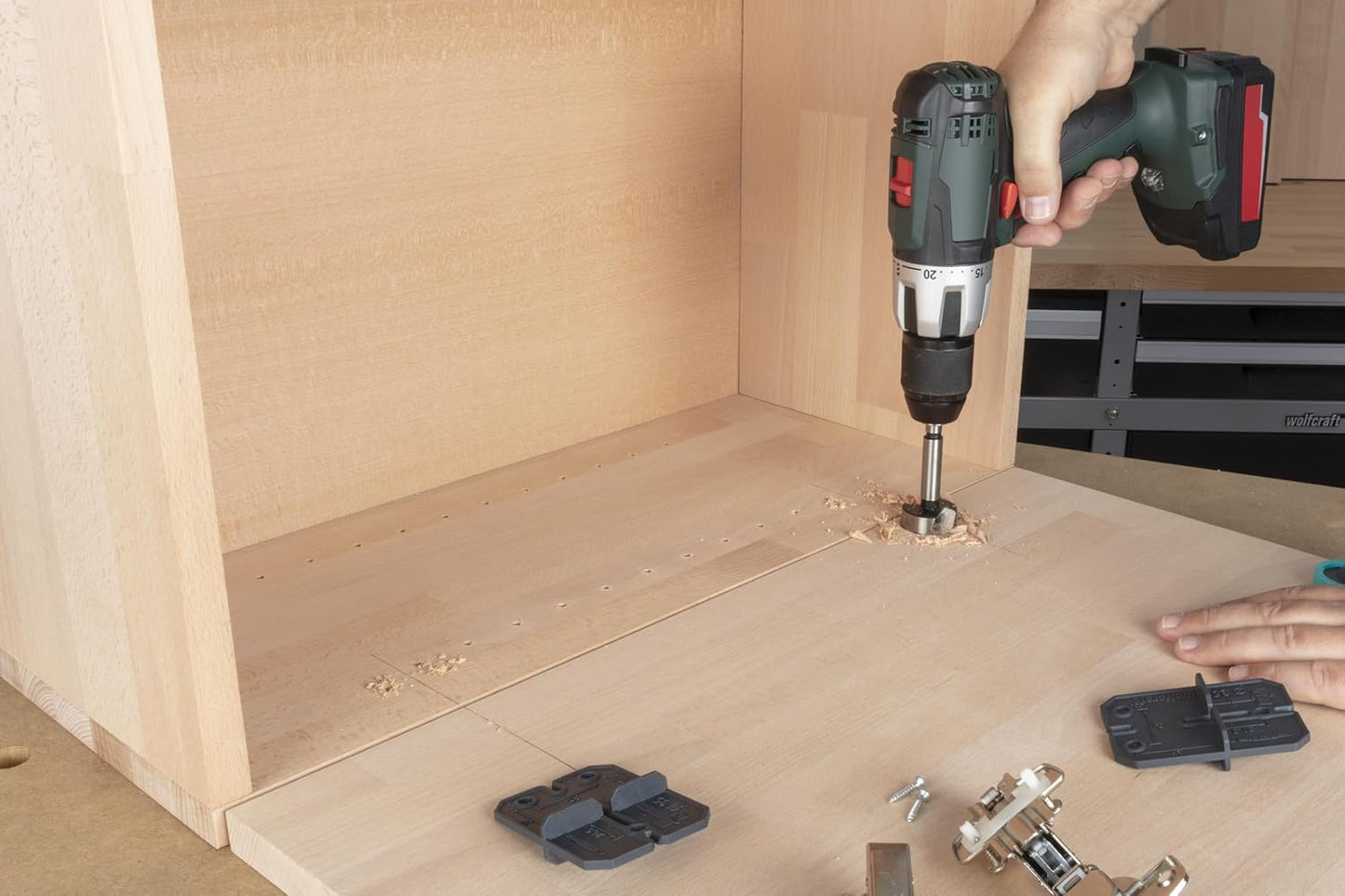 Wolfcraft Hinge Hole Set: Precise 35mm Drilling for Easy Pot Hinge Installation